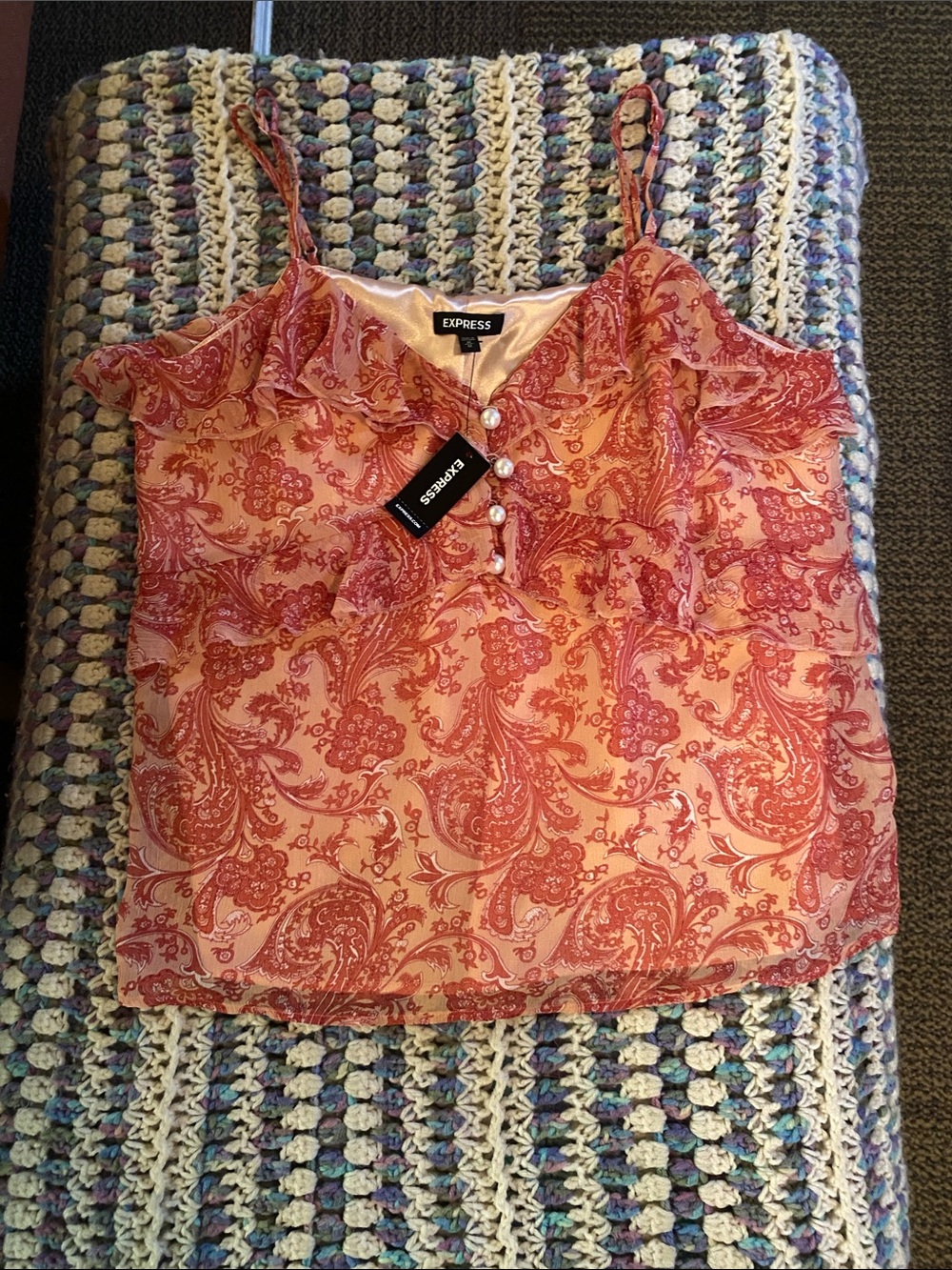 Express Rose-Pink Paisley Ruffle Button-Front Camisole